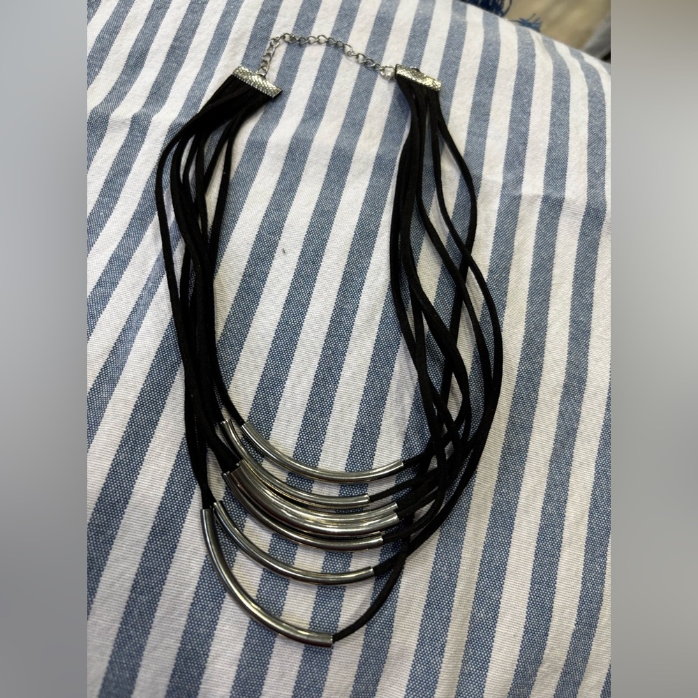 Statement Multi Strand Black Cord Silver Tube Nec… - image 2